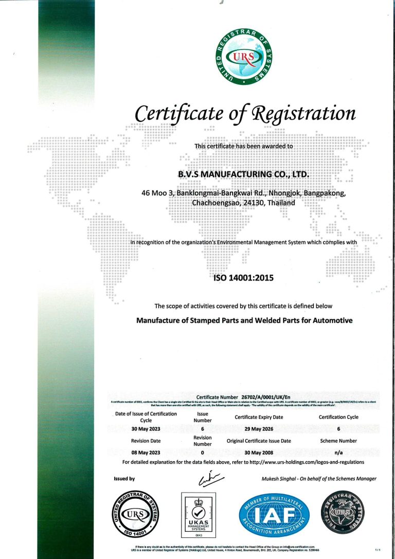 Certificate of Registration to B.V.S. Manufacturing Co.,Ltd. in recognition of the organization's Environmental Management System which complies with ISO 14001:2015
